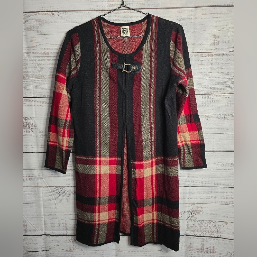 Anne Klein Black,‎ Beige and Red Plaid Duster Cardigan w/ Belt Neckline Accent-S